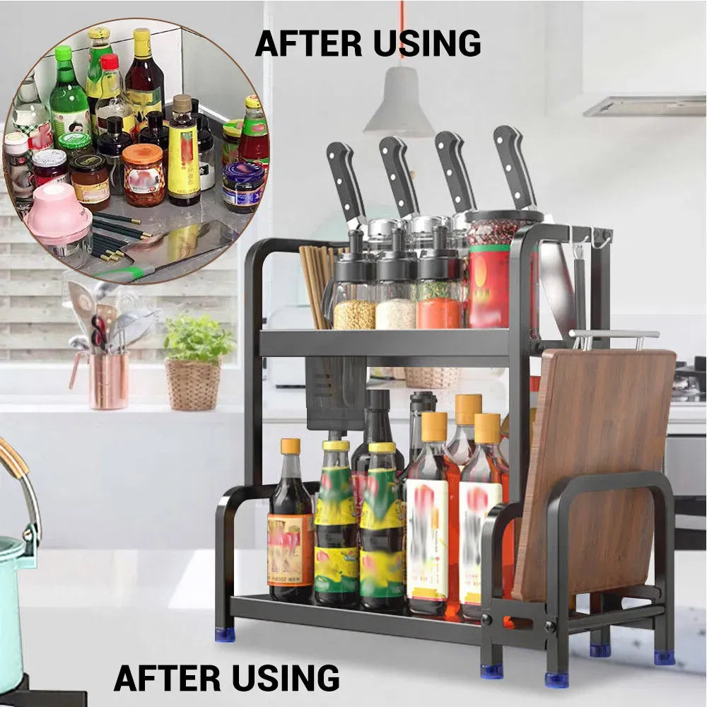 Three-Tier Black Stainless Steel Adjustable Spice Rack Organiser
