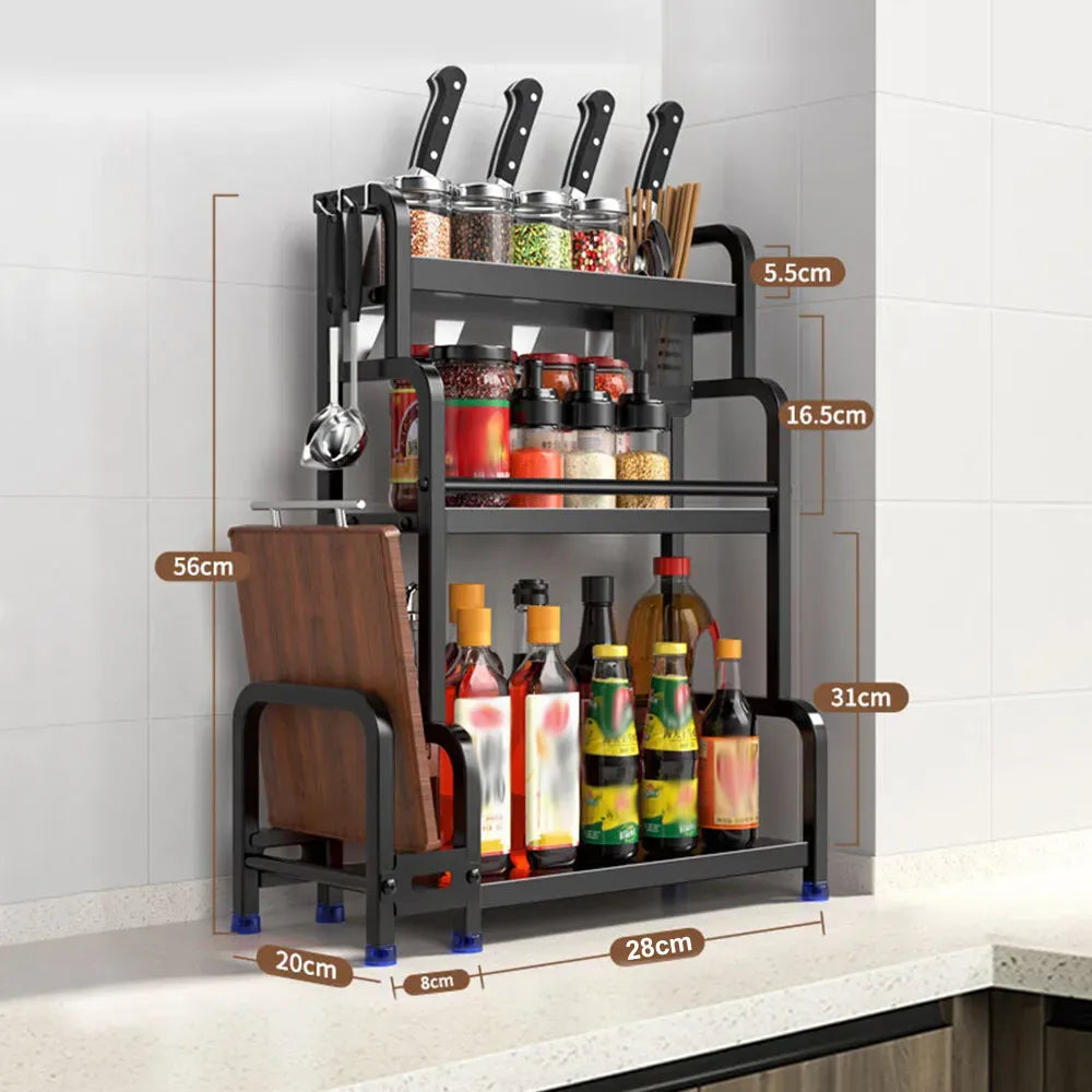 Three-Tier Black Stainless Steel Adjustable Spice Rack Organiser