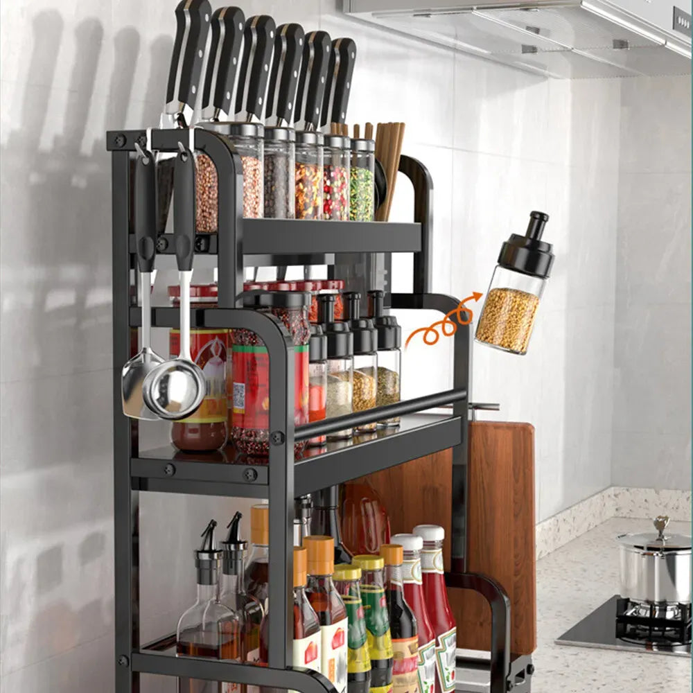 Three-Tier Black Stainless Steel Adjustable Spice Rack Organiser