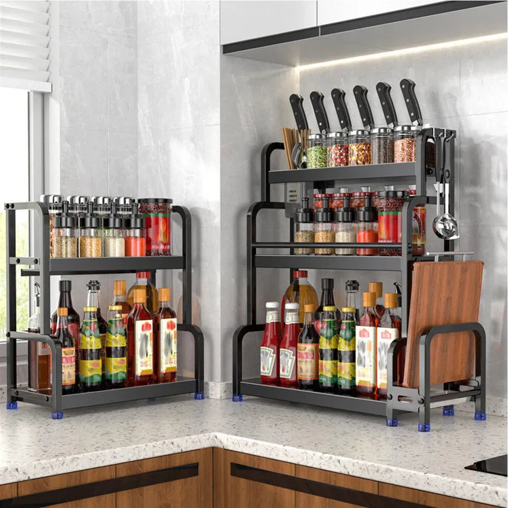 Three-Tier Black Stainless Steel Adjustable Spice Rack Organiser