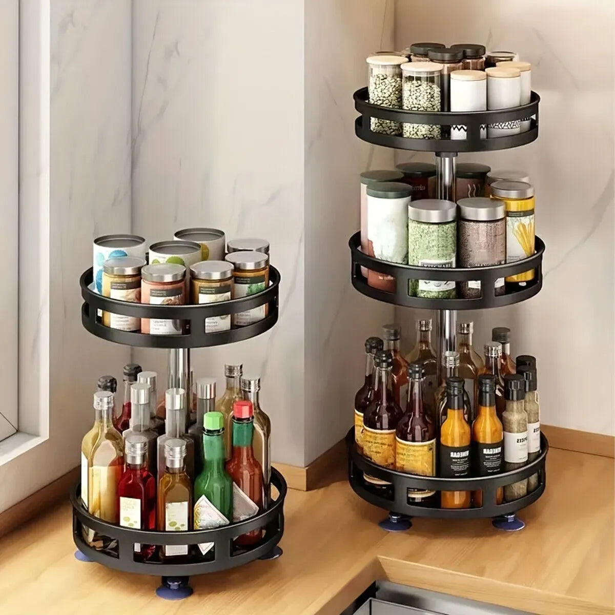 Two-Tier Black Carbon Steel Rotating Spice Rack