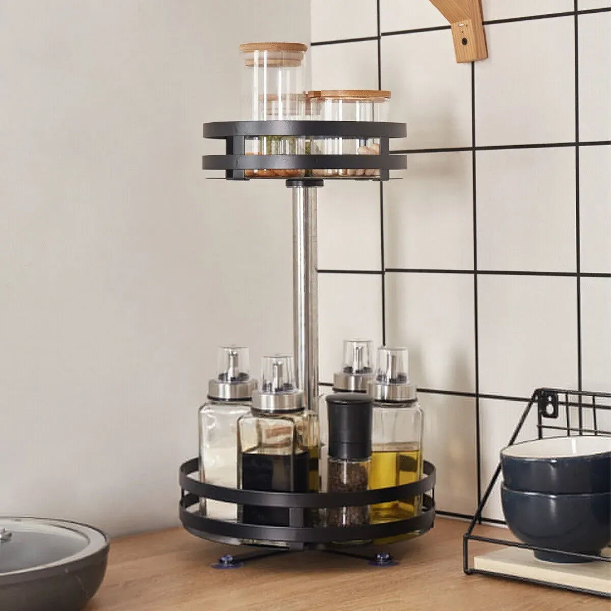 Two-Tier Black Carbon Steel Rotating Spice Rack