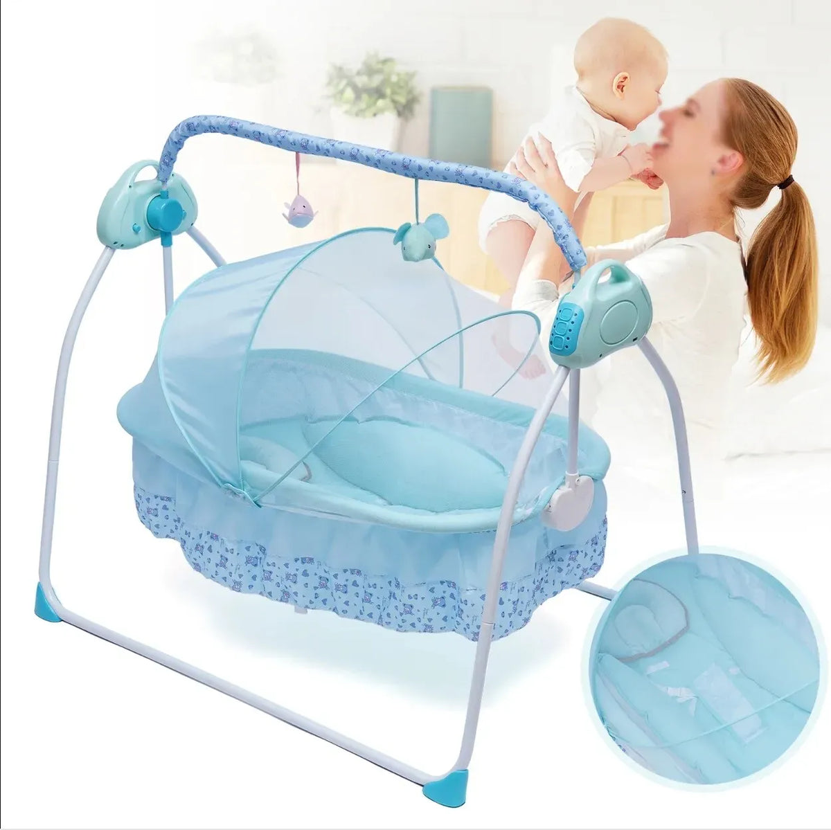 Auto-Swing Electric Baby Crib Cradle in Khaki with Bluetooth and 5 Adjustable Speeds — product photo 5