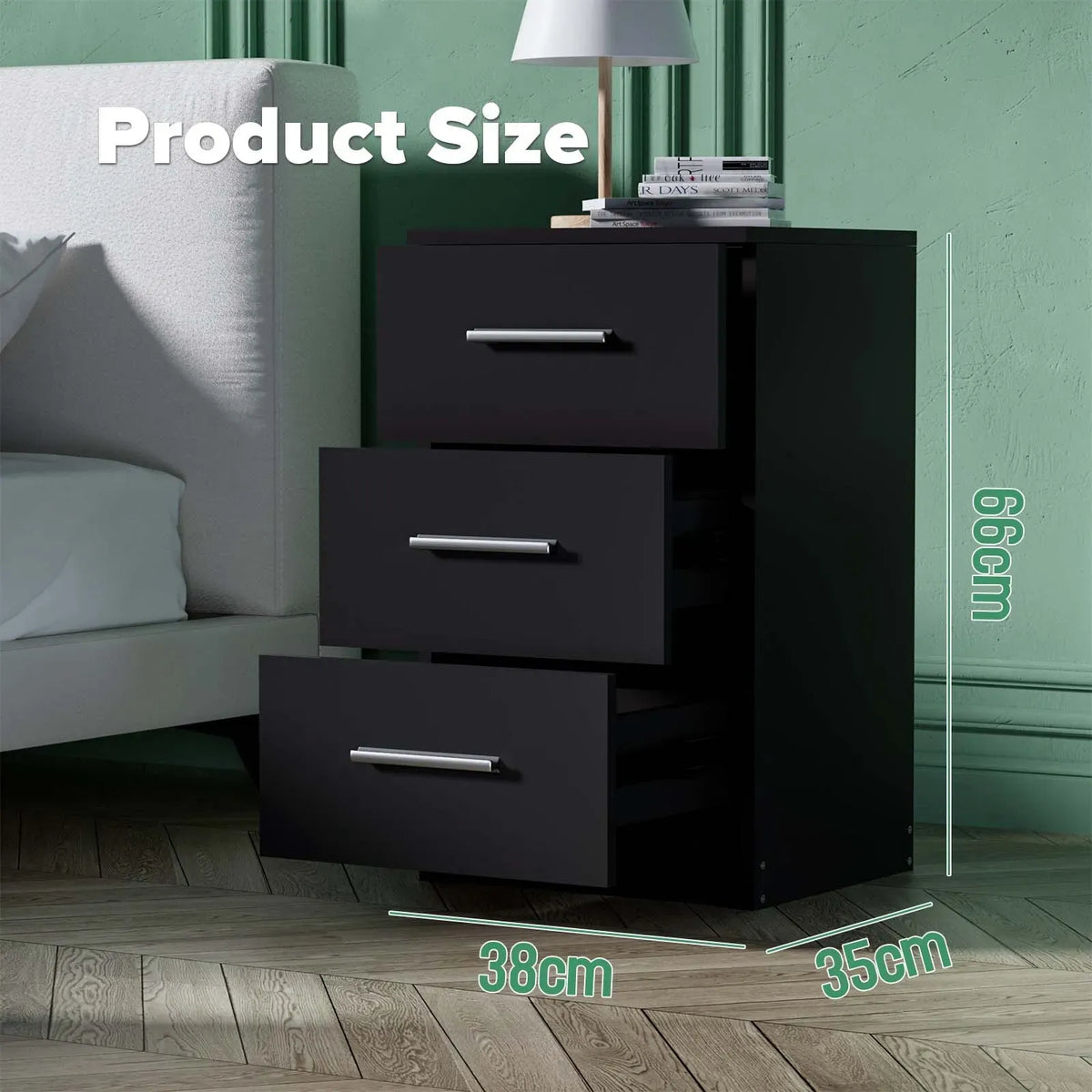 Modern Black Bedside Table with 3 Drawers – 38 × 35 × 66cm