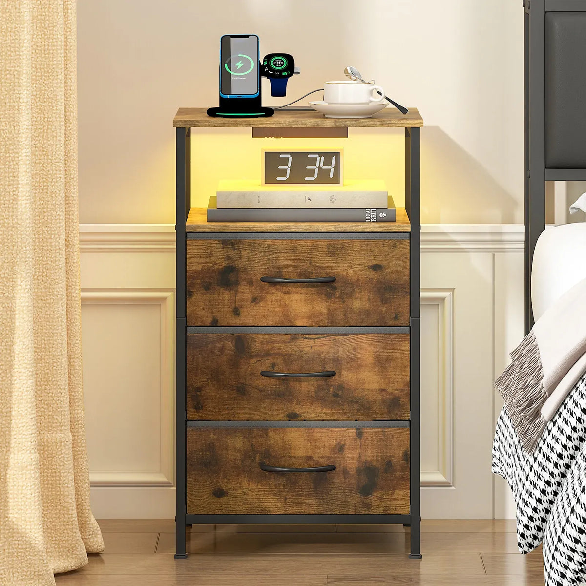 Brown Bedside Table with RGB LEDs & Charging Station – 40 × 30 × 70 cm — product image 1 of 8