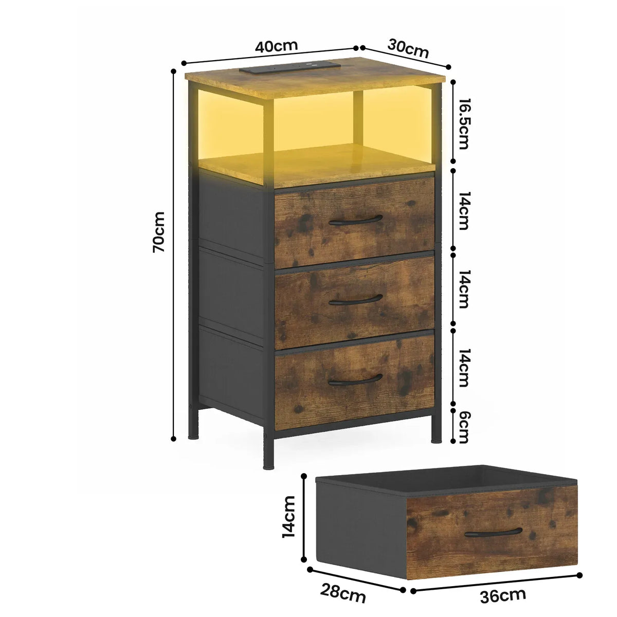 Brown Bedside Table with RGB LEDs & Charging Station – 40 × 30 × 70 cm — product image 2 of 8