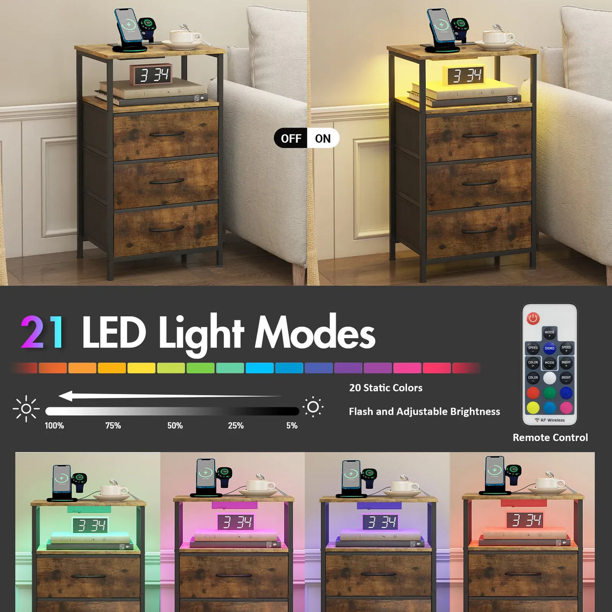 Brown Bedside Table with RGB LEDs & Charging Station – 40 × 30 × 70 cm — product image 5 of 8