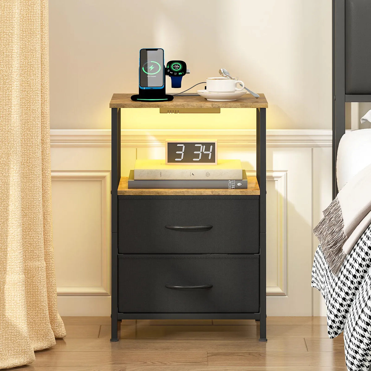 Black & Brown LED Bedside Table with Charging Station & Two Drawers – 40 × 30 × 60 cm — product image 1 of 7