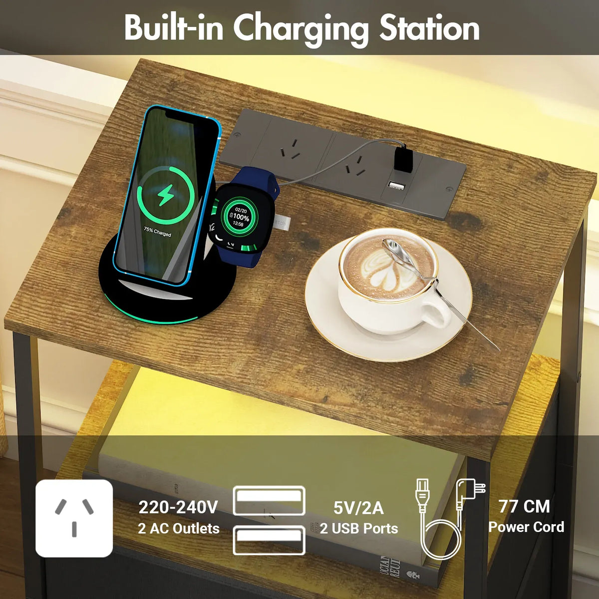 Black & Brown LED Bedside Table with Charging Station & Two Drawers – 40 × 30 × 60 cm — product image 2 of 7