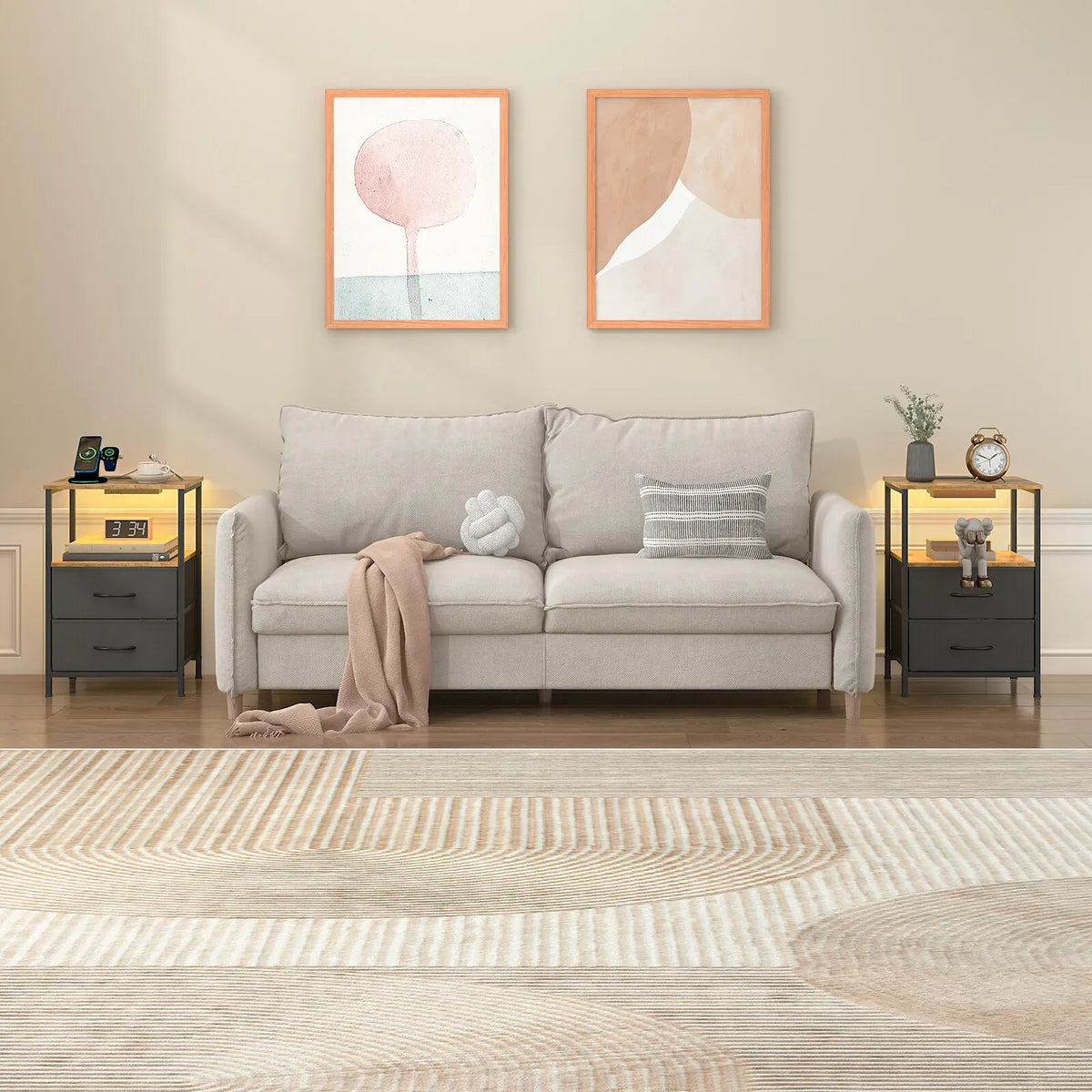 Black & Brown LED Bedside Table with Charging Station & Two Drawers – 40 × 30 × 60 cm — product image 3 of 7
