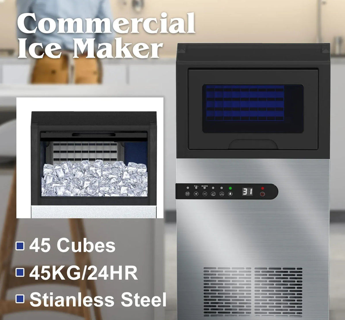 Commercial Stainless Steel Ice Maker – Up to 45 kg/Day, Silver