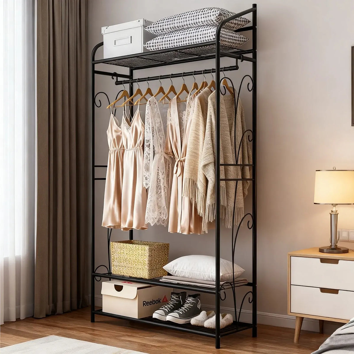 Three-Tier Black Garment Rack with Hanging Rod – 79 × 36 × 161 cm