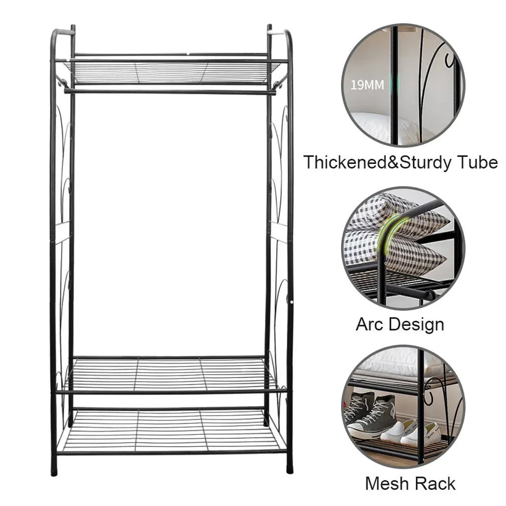 Three-Tier Black Garment Rack with Hanging Rod – 79 × 36 × 161 cm