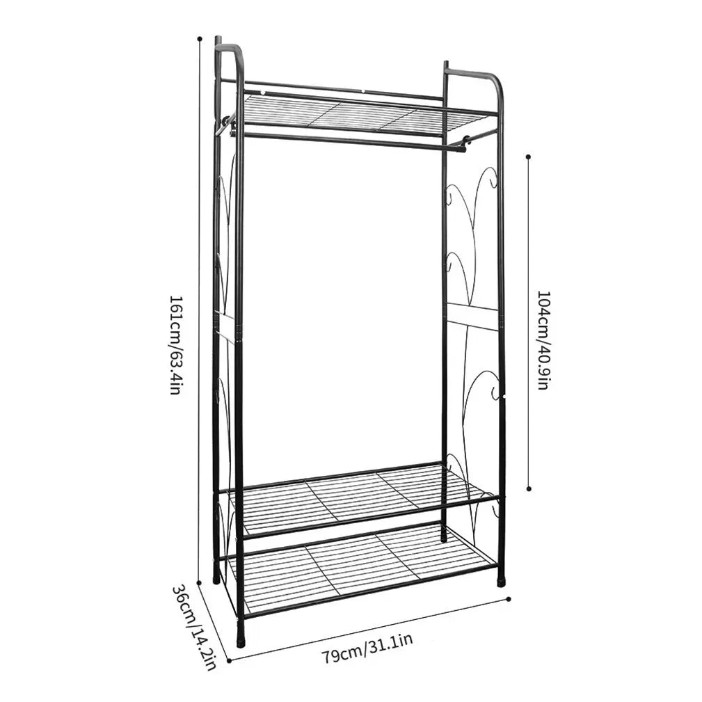 Three-Tier Black Garment Rack with Hanging Rod – 79 × 36 × 161 cm