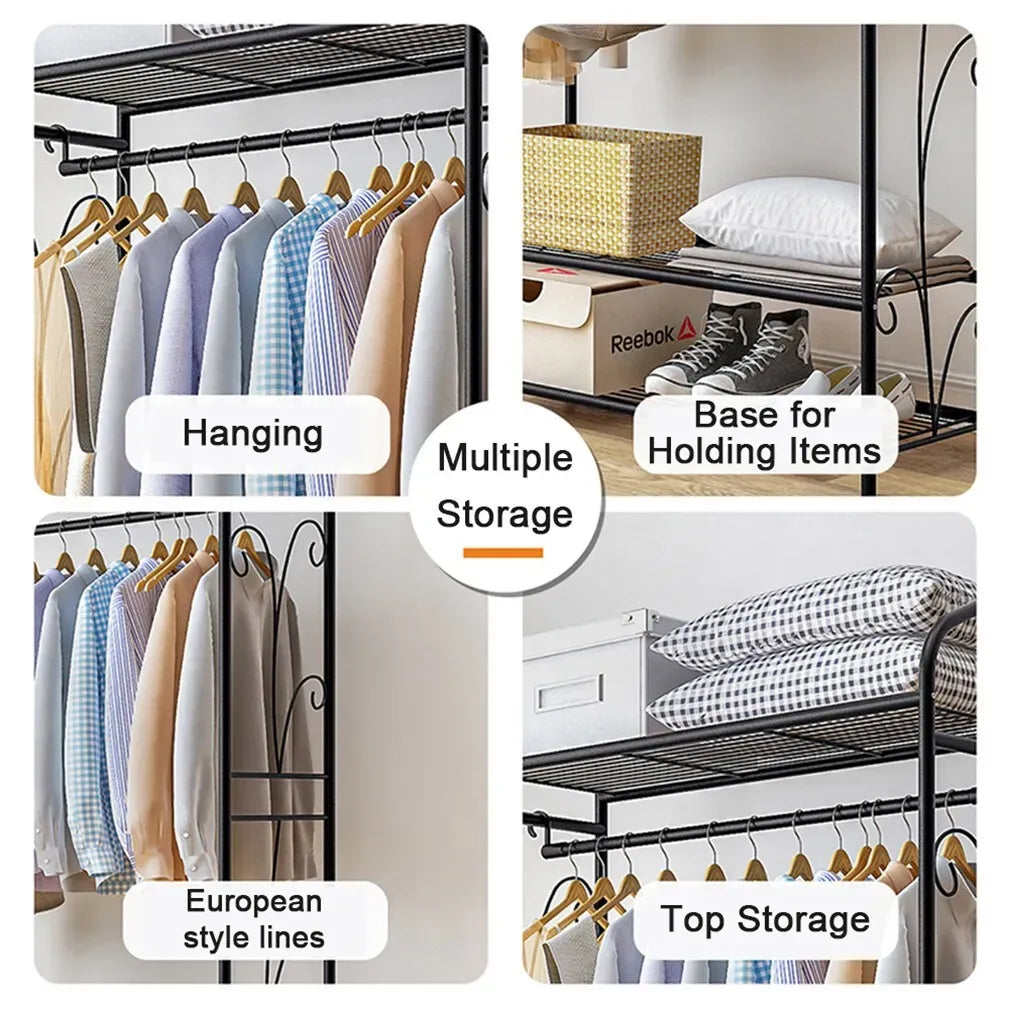 Three-Tier Black Garment Rack with Hanging Rod – 79 × 36 × 161 cm