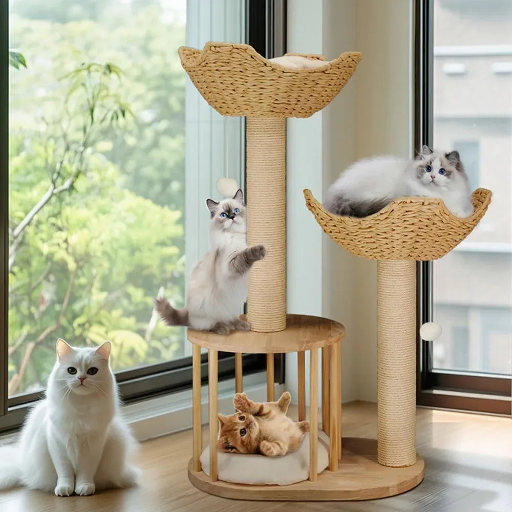 Wood & White Cat Scratching Tower with Baskets & Hideaway - 99 cm