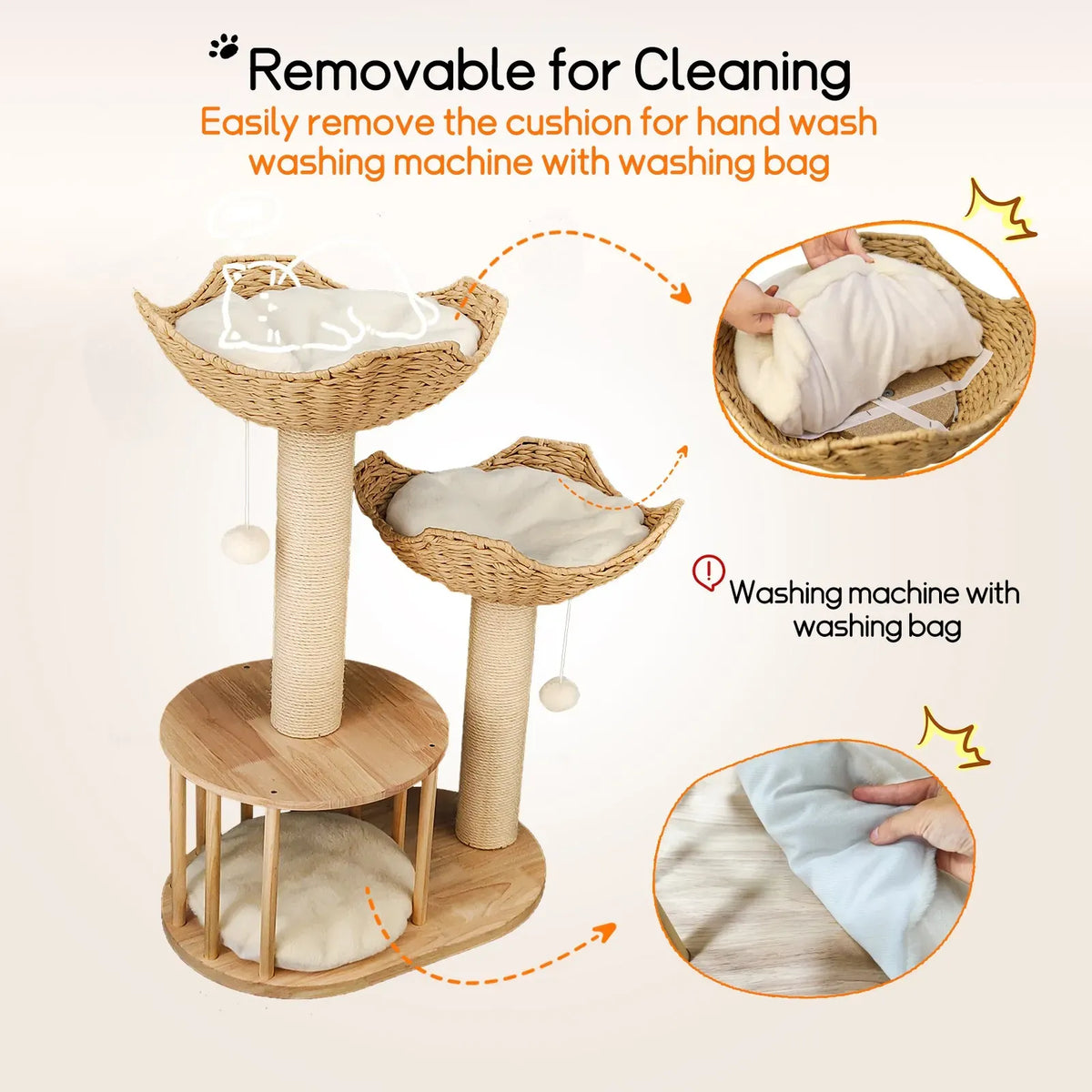 Wood & White Cat Scratching Tower with Baskets & Hideaway - 99 cm