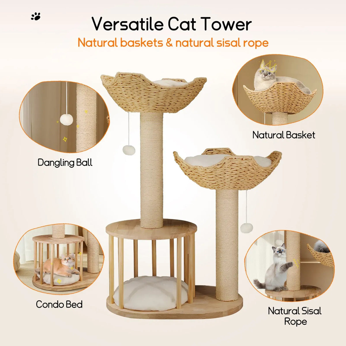 Wood & White Cat Scratching Tower with Baskets & Hideaway - 99 cm