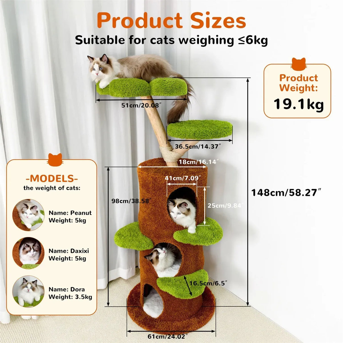 Green & Brown Multi-Level Cat Tree with Floral Platforms - 148 cm