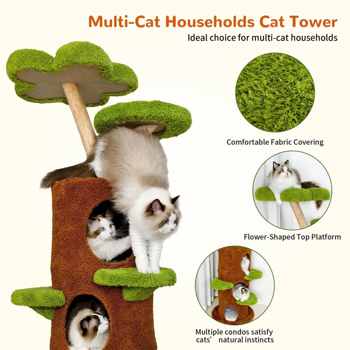 Green & Brown Multi-Level Cat Tree with Floral Platforms - 148 cm