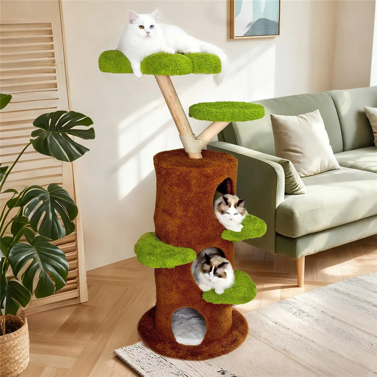 Green & Brown Multi-Level Cat Tree with Floral Platforms - 148 cm