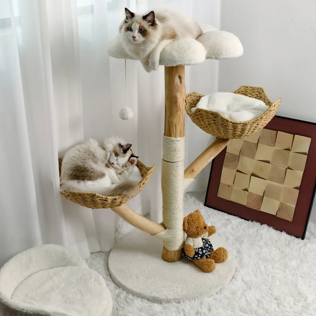 Real Wood Cat Tree Tower in Natural Wood for Indoor Cats Up to 10KG, 60x111cm - product photo 1 of 10