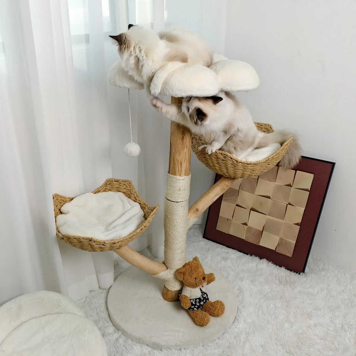 Real Wood Cat Tree Tower in Natural Wood for Indoor Cats Up to 10KG, 60x111cm - product photo 5 of 10