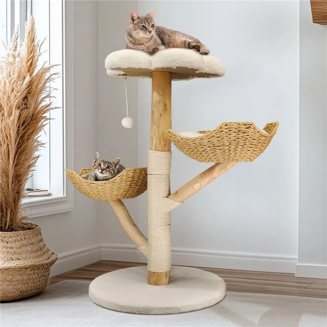 Black Multi-Level Cat Tree with Wicker Basket - 111 cm