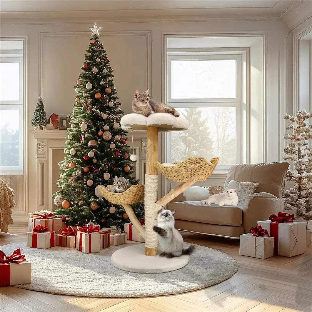 Black Multi-Level Cat Tree with Wicker Basket - 111 cm