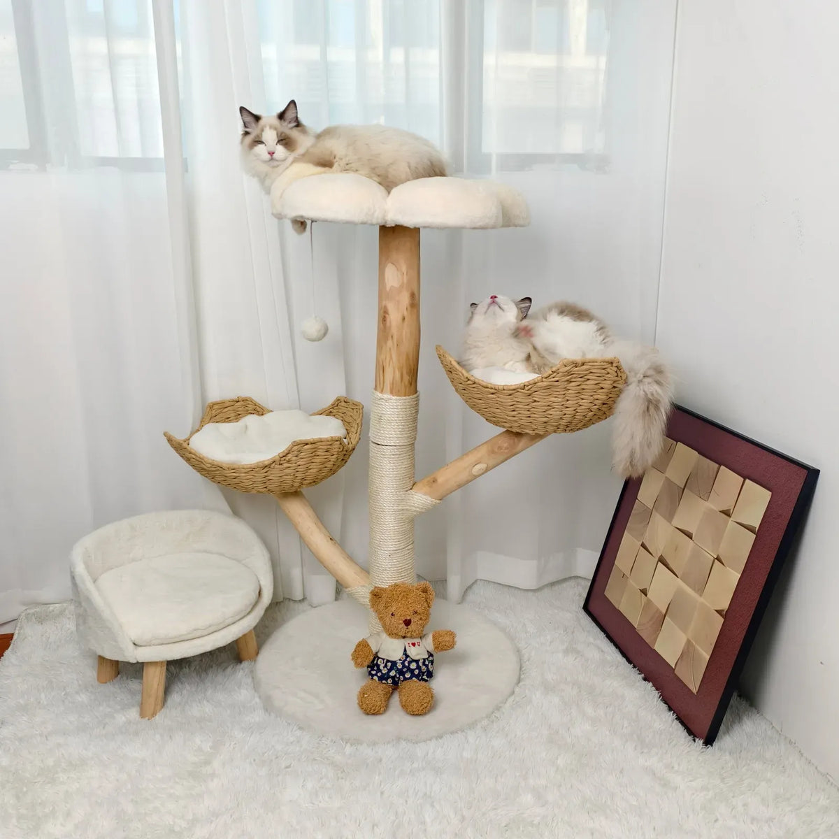 Black Multi-Level Cat Tree with Wicker Basket - 111 cm