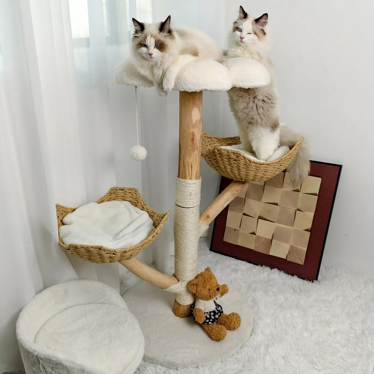 Black Multi-Level Cat Tree with Wicker Basket - 111 cm