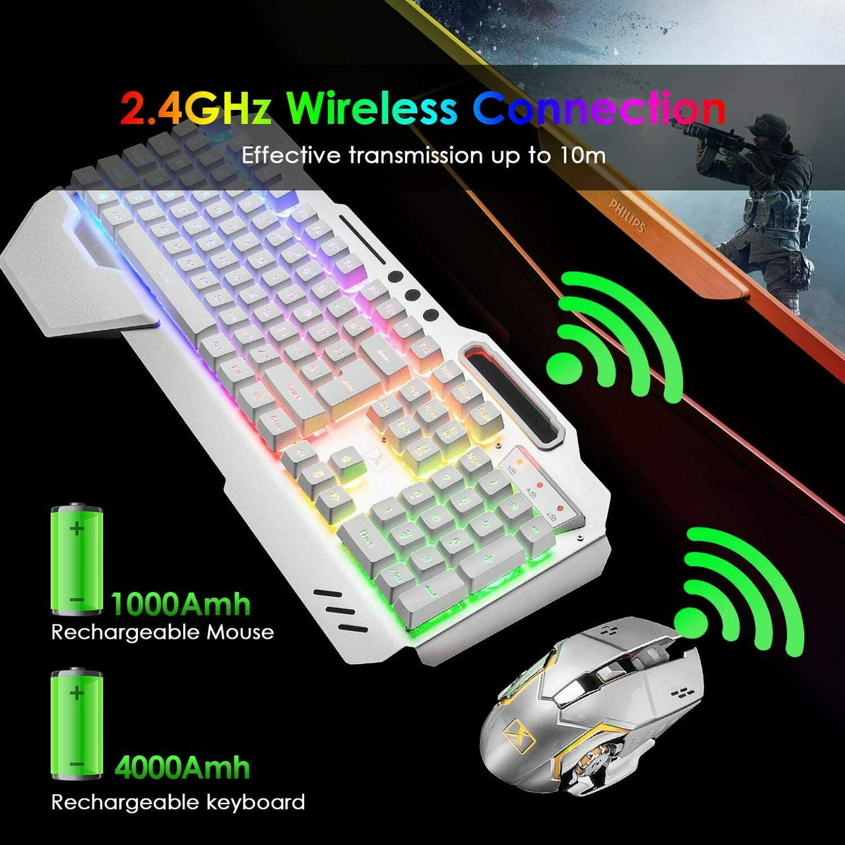 104 Keys Wireless Gaming Keyboard Mouse Set+Mouse Pad, RGB LED Backlit PC/Laptop White-RGB