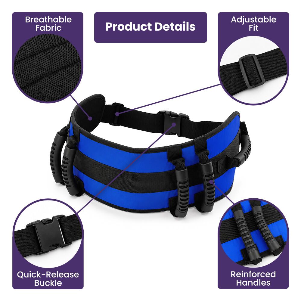 EQUIPMED Adjustable Transfer Gait Belt with Six Handles – Blue
