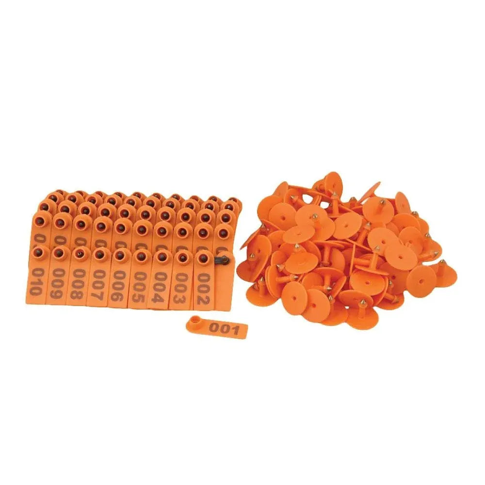 Numbered Livestock Ear Tags, 001–100, Mini Orange, 5 × 2 cm