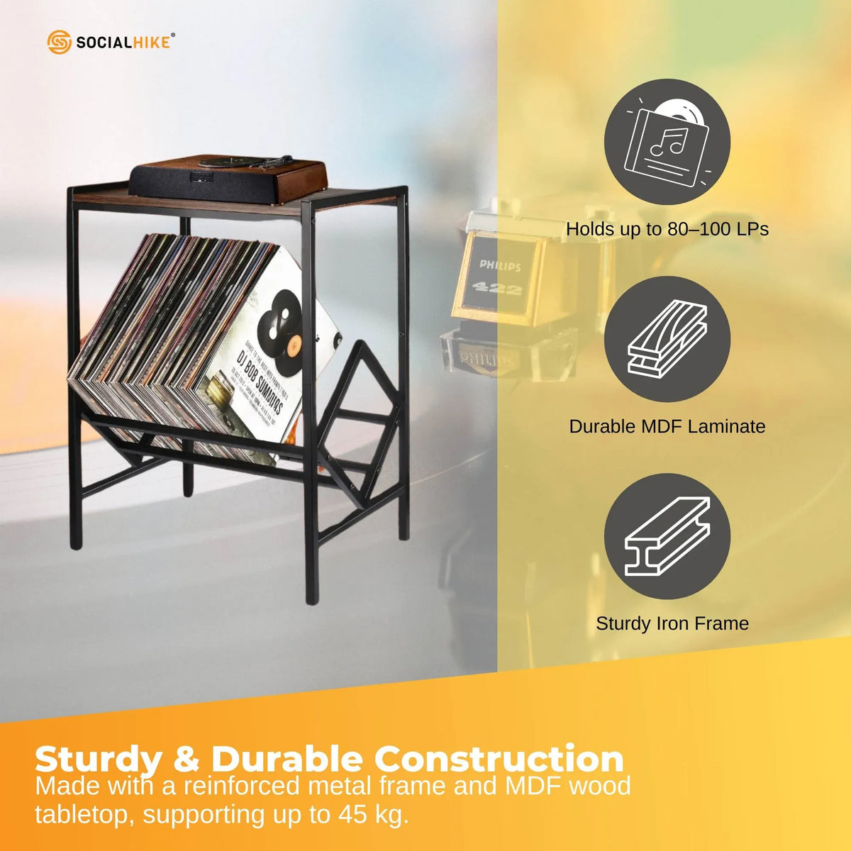 Social Hike Turntable Player Stand & Vinyl LP Record Album Storage - Black — product image 3