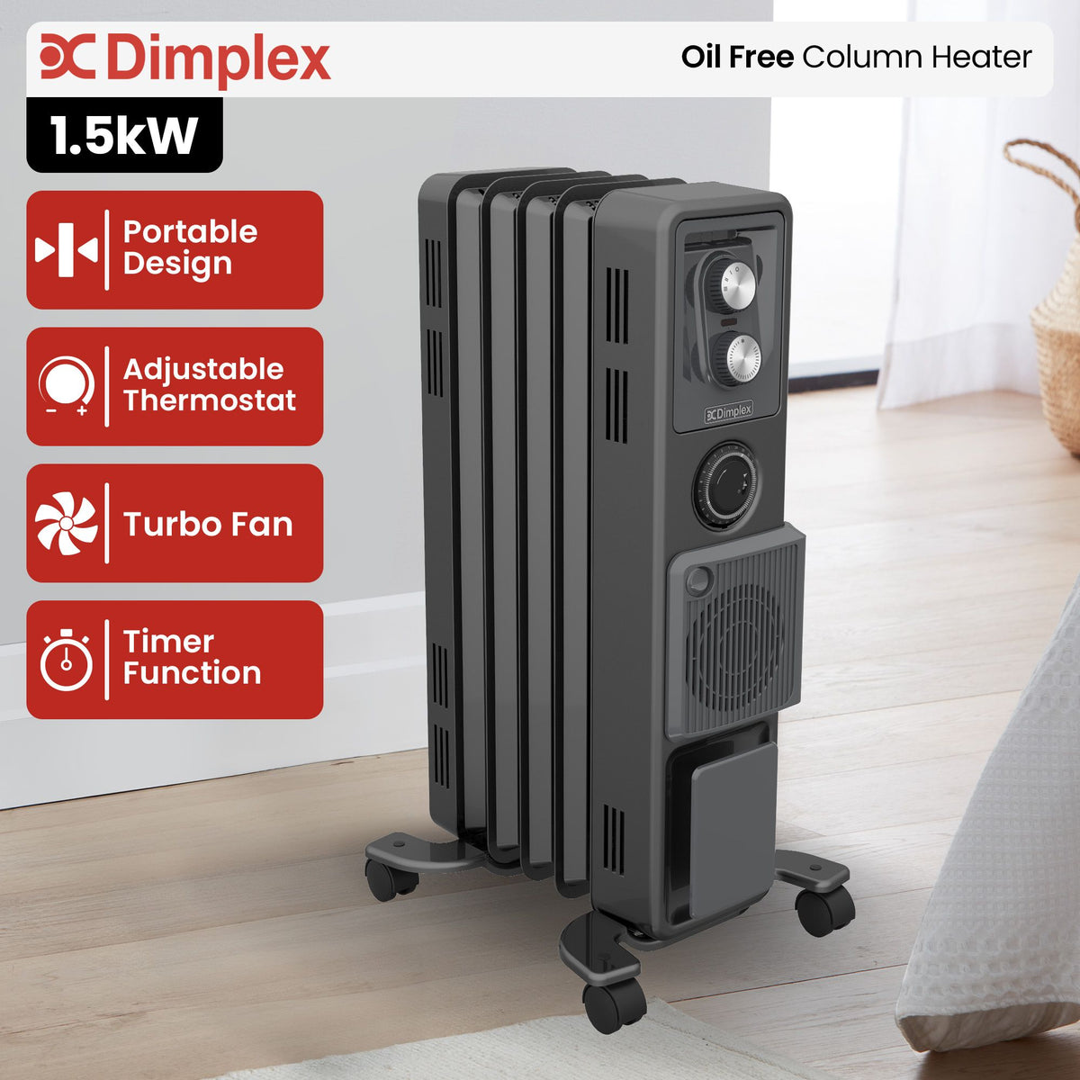 Dimplex 1.5kW Oil Free Column Heater - Portable Electric Radiator w/ Turbo Fan, Thermostat & Timer - Black