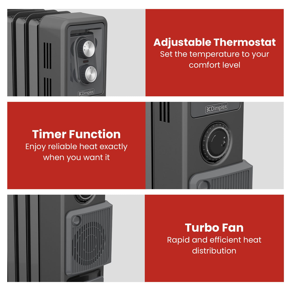 Dimplex 1.5kW Oil Free Column Heater - Portable Electric Radiator w/ Turbo Fan, Thermostat & Timer - Black