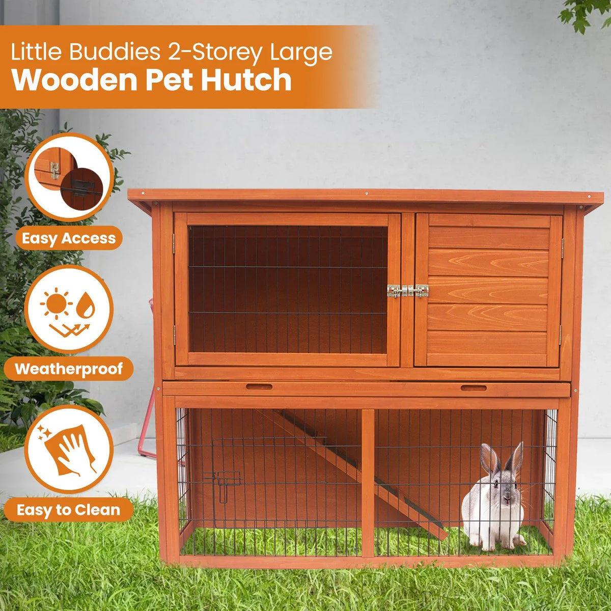 Little Buddies Two-Storey Rabbit Hutch with Run & Tray – 111.5 × 45 × 92 cm