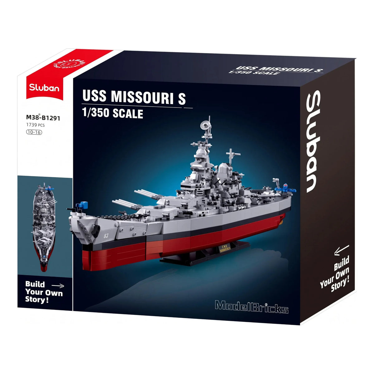 Sluban B1291 Model Kit 1:350 USS Missouri BB63 Mighty Mo Battleship Warship WWII Navy Vessel Boat Blocks DIY Set Toy — product image 2