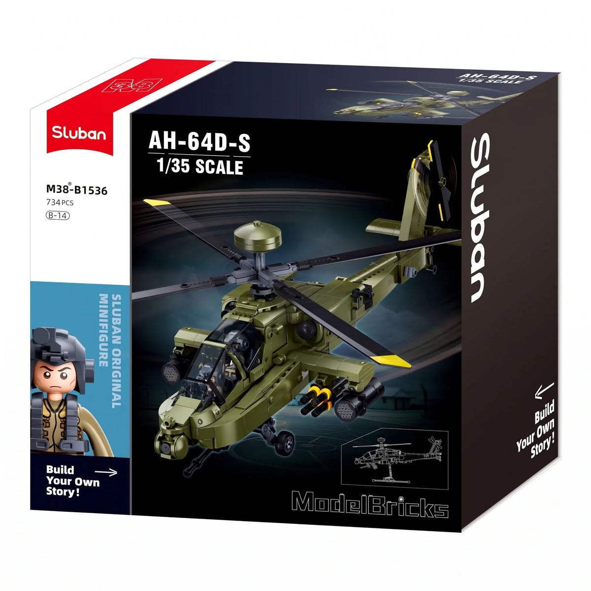 Sluban B1536 Model Kit 1:44 AH-64D Apache Attack Helicopter Chopper Gunship Army Military Air Force Blocks DIY Set Toy — product image 2