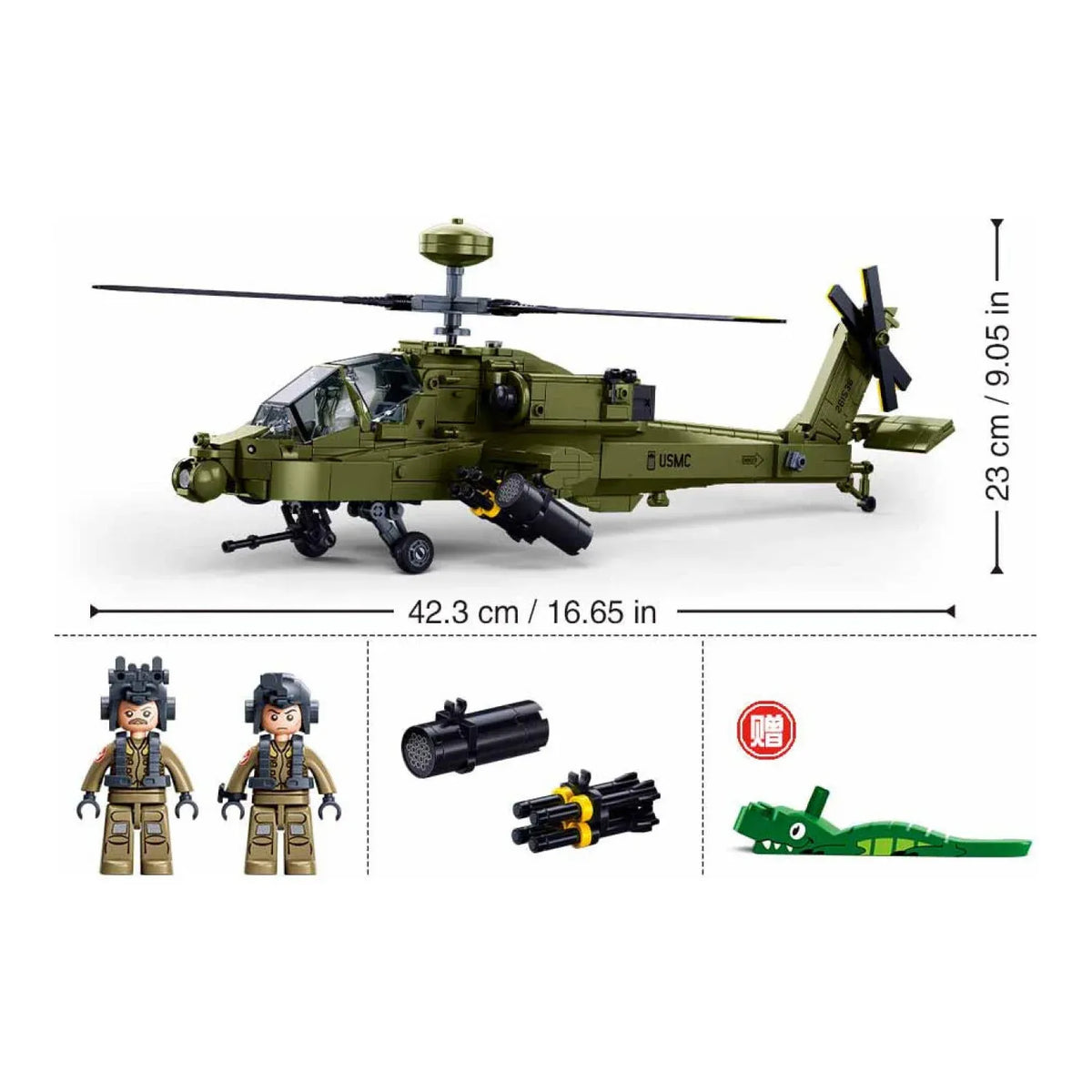 Sluban B1536 Model Kit 1:44 AH-64D Apache Attack Helicopter Chopper Gunship Army Military Air Force Blocks DIY Set Toy — product image 3