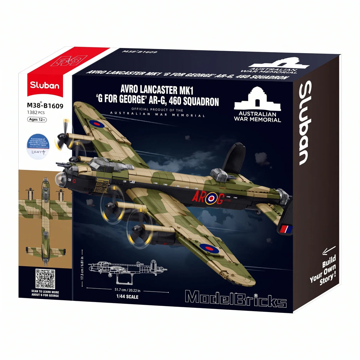 Sluban Model Kit 1:44 Lancaster Bomber G For George Plane WWII RAAF Air Force Military Building Blocks DIY Set Toy Sluban B1609 — product image 2
