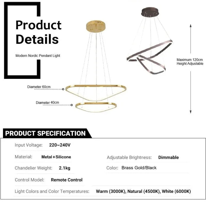 BAMDECOR AD2583 Triangular LED Pendant Chandelier – Gold, Two Rings — product image 5 of 5