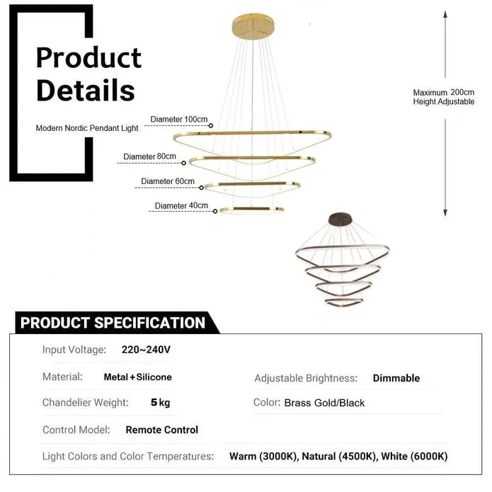 BAMDECOR AD2583 Triangular LED Pendant Chandelier – Gold, Four Rings — product image 6 of 6