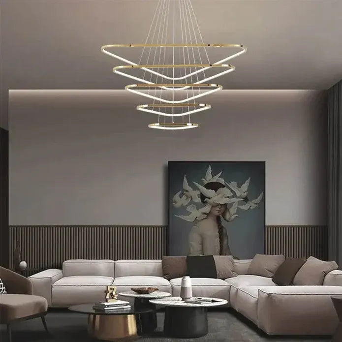 BAMDECOR AD2583 Triangular LED Pendant Chandelier – Gold, Five Rings — product image 4 of 6
