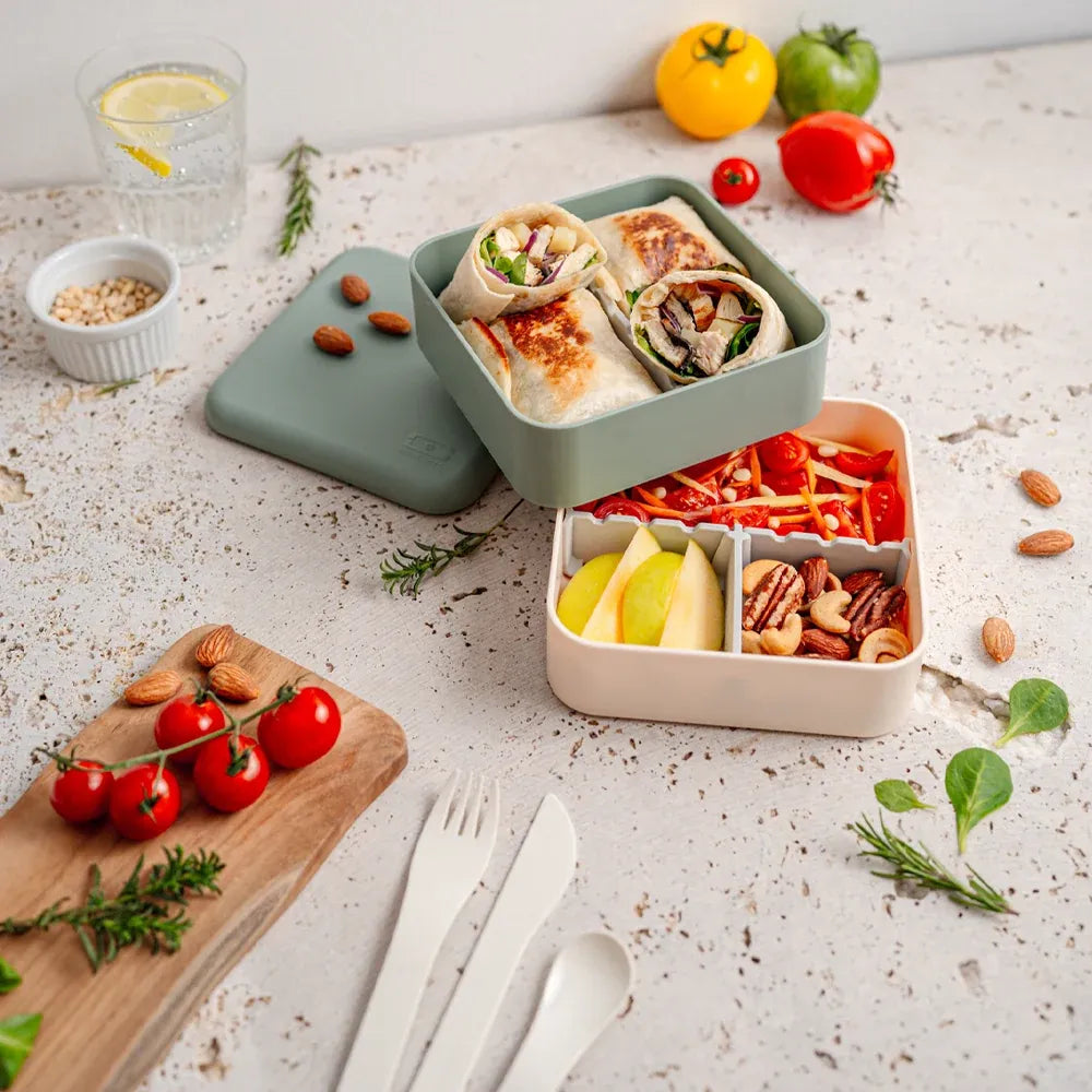 Monbento Flex - The 2 Compartment Lunch Box with Cutlery - Green Natural