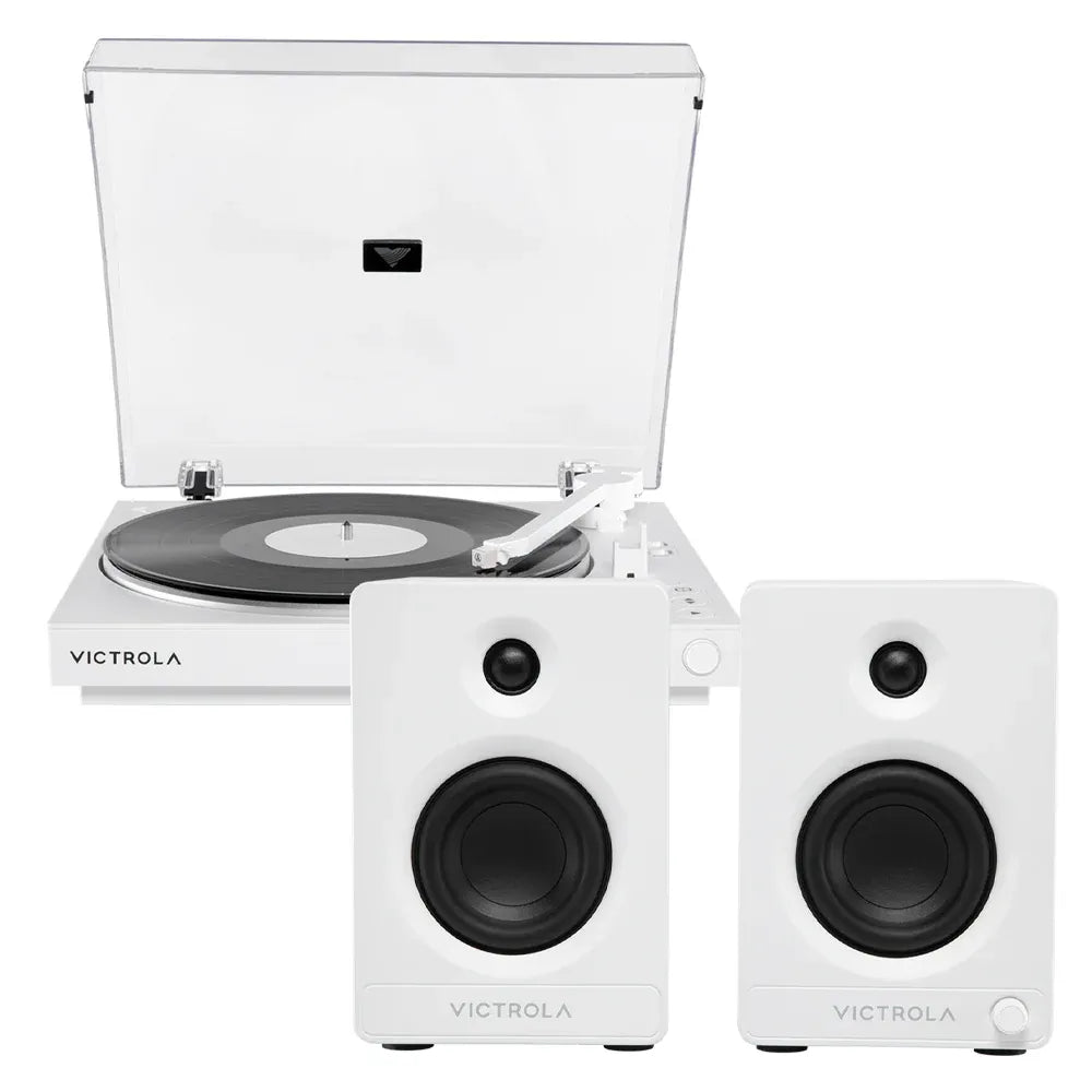 Victrola Automatic Turntable + Victrola Tempo Bookshelf Speakers Bundle - White