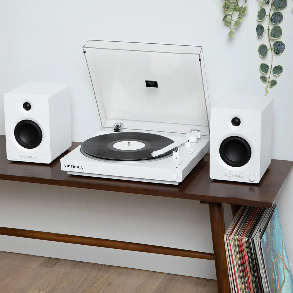 Victrola Automatic Turntable + Victrola Tempo Bookshelf Speakers Bundle - White — product image 2