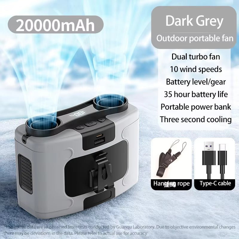 20000mAh Outdoor Portable Waist Fan Hanging Neck Fan Strong Wind with Power Bank LED Lighting for Sports Courier Outdoor