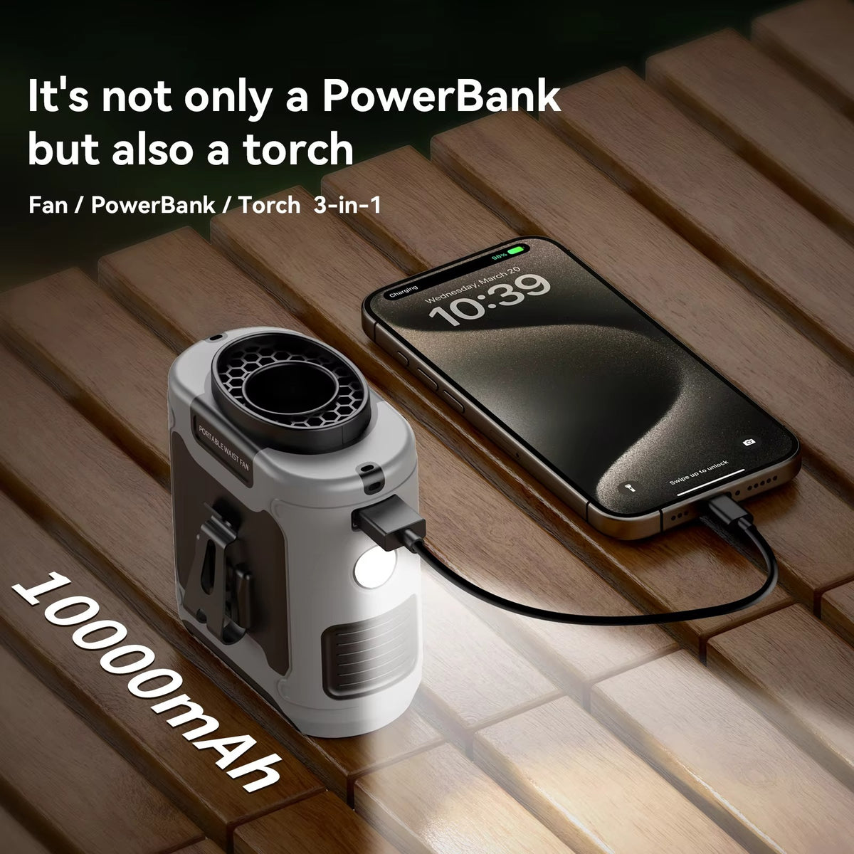 10,000 mAh Portable Waist Fan with Power Bank and LED – Grey